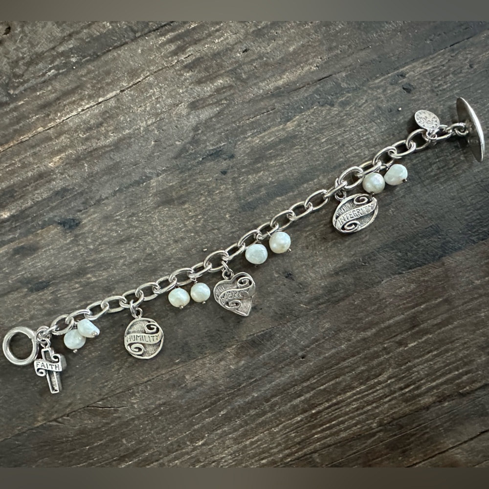 Heavy Silver 925 inspirational Charm Bracelet with White pearl Accents